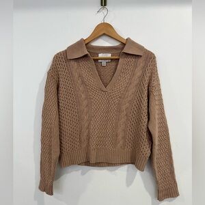 Jason Wu Wool Blend Collared V Neck Crop Sweater Cable Knit Medium Boxy